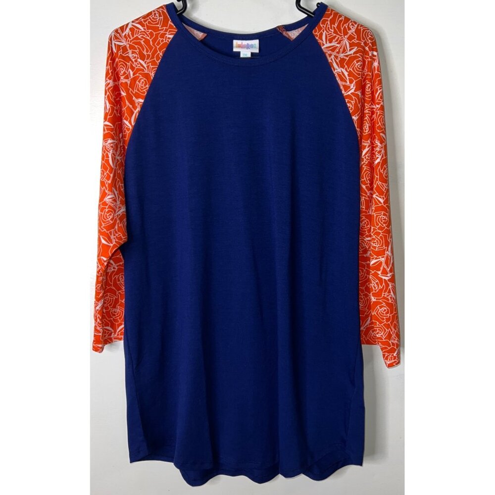 LuLaRoe Womens 2XL Raglan Top Blue & Orange Floral Sleeve Polyester/Spandex